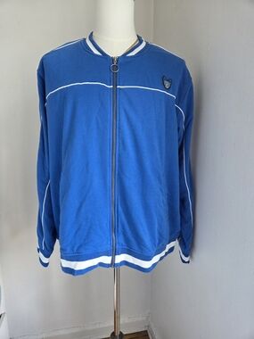 Blue Zip-Up Bomber Jacket with White Piping